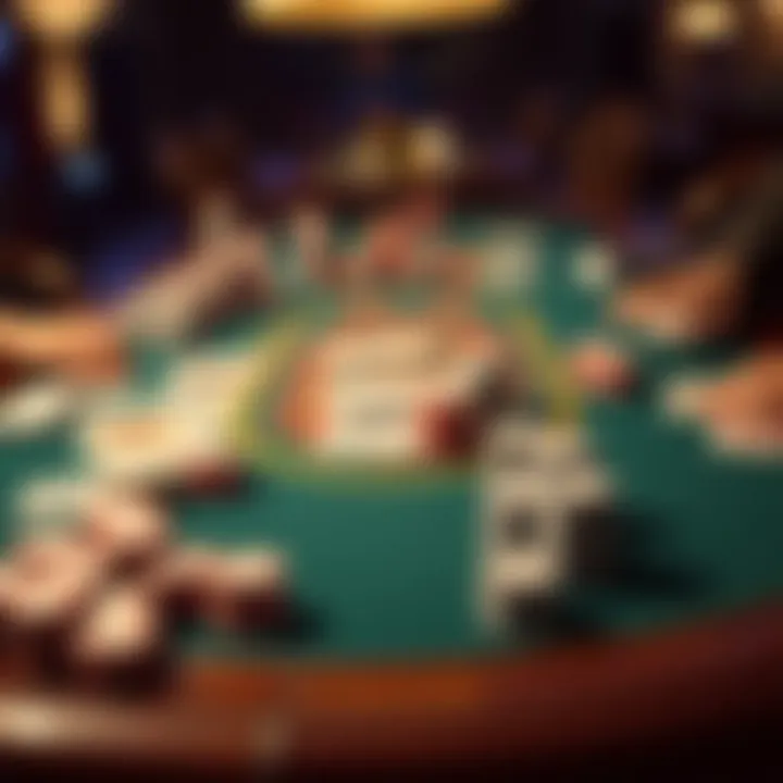 Intricate poker table setup showcasing various chips and cards