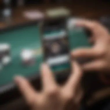 Close-up of a player's hand on a smartphone with the WSOP app open