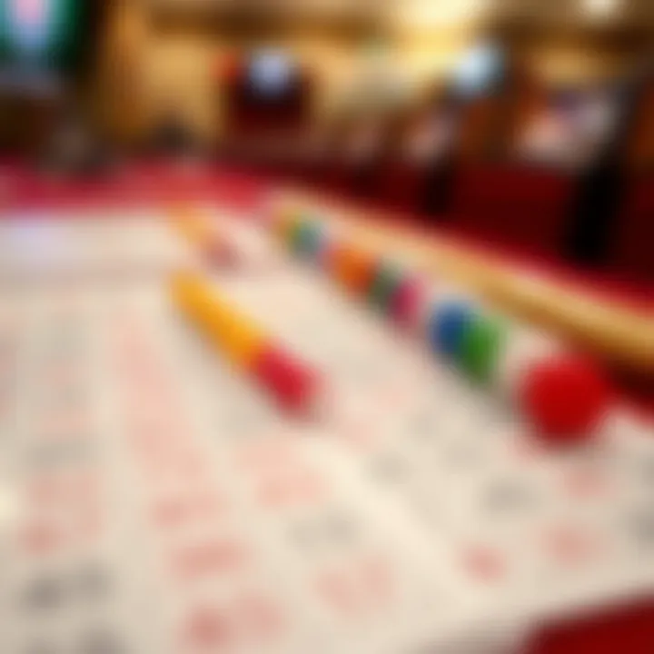 A close-up of bingo cards and colorful markers, ready for play