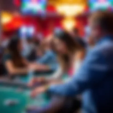 Engagement at Casino Gaming Tables A close-up shot of casino gaming tables filled with enthusiasts engaged in various games.