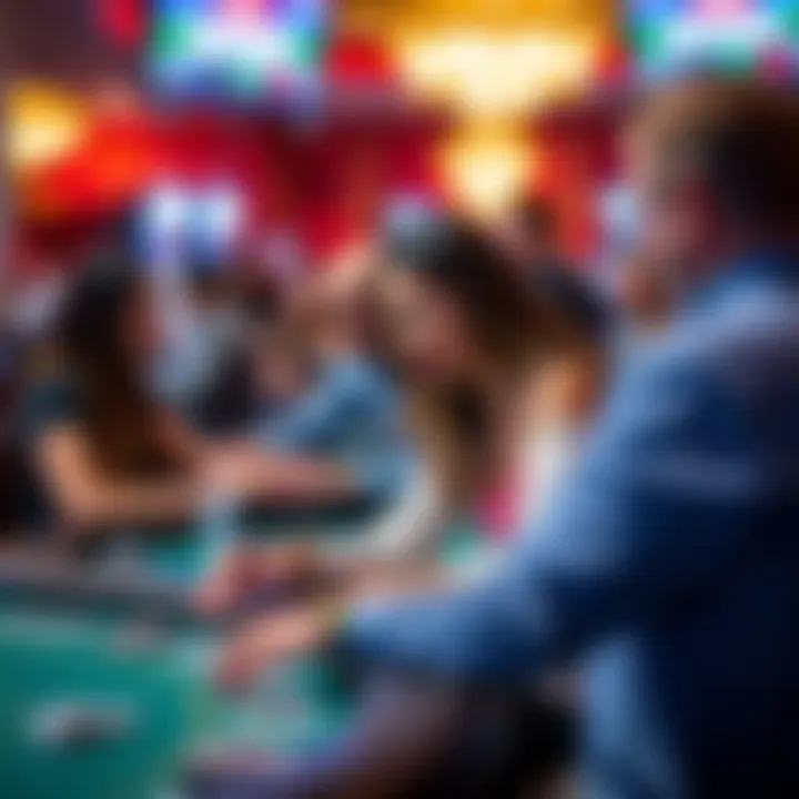 Engagement at Casino Gaming Tables A close-up shot of casino gaming tables filled with enthusiasts engaged in various games.