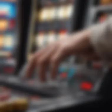 Close-up of a player's hand engaging with a slot machine