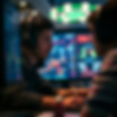 A concentrated gamer analyzing statistics on a screen during a live session.