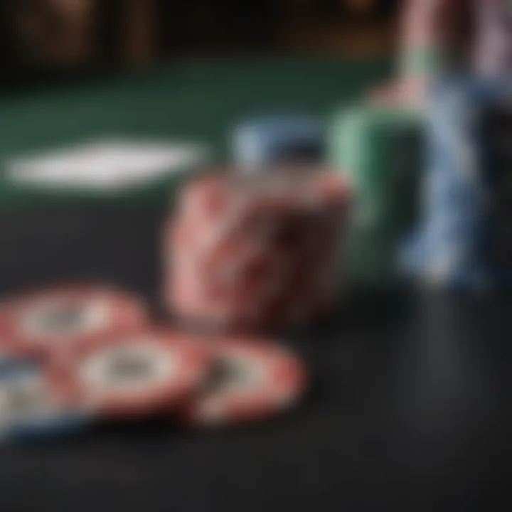 Close-up of poker chips and cards on a table