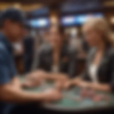 Employees engaging with guests in a lively casino environment