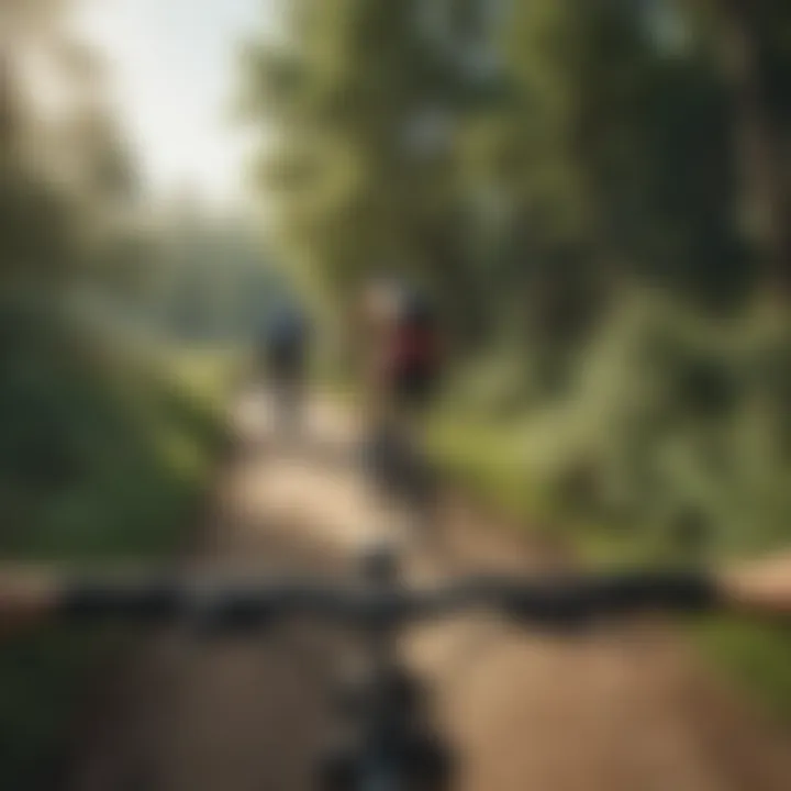 Two individuals cycling on a scenic trail surrounded by nature