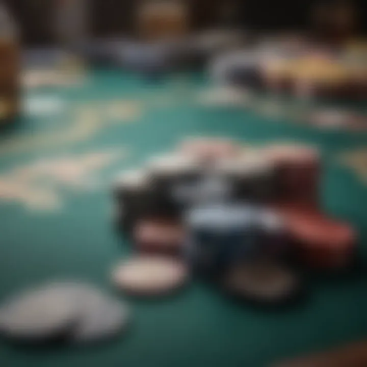 A close-up of poker chips and cards on a gaming table