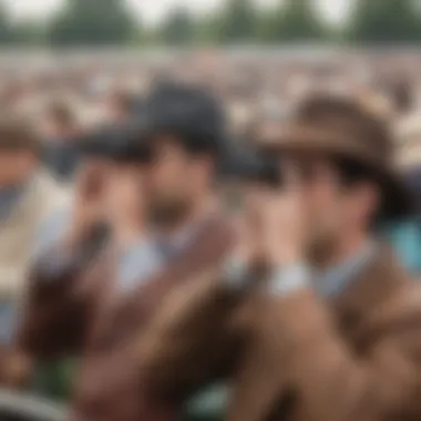 Spectators using binoculars to enhance their viewing experience at a horse racing event.