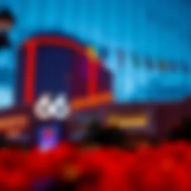 A panoramic view of the Metropolis Casino exterior at dusk, showcasing vibrant lights and architectural features