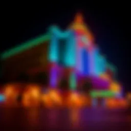 A vibrant view of the Muscogee Casino exterior at night, showcasing its architectural grandeur.