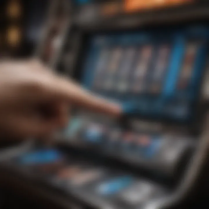 A close-up of a player's hand interacting with a touchscreen slot machine