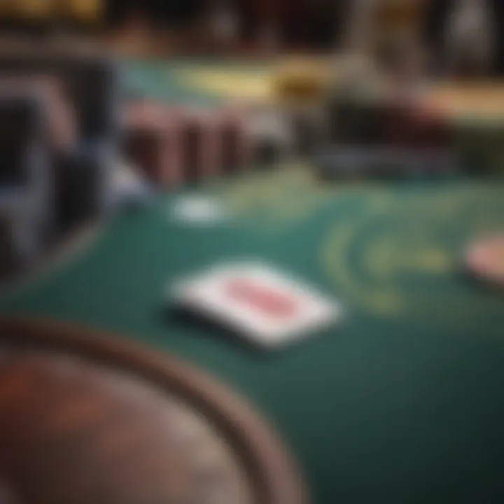 A close-up view of a blackjack table showcasing vibrant cards and chips.