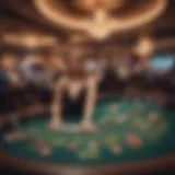 A luxurious casino floor bustling with enthusiastic blackjack players.