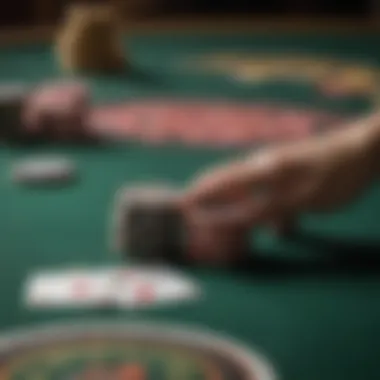 Close-up of poker chips and cards during a tournament.